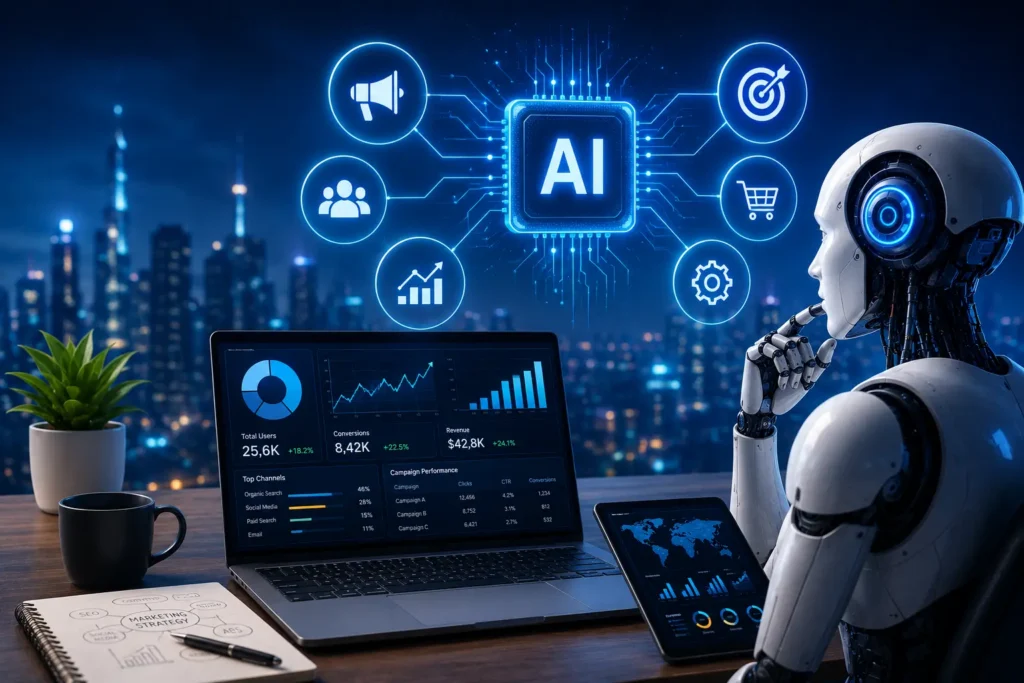 AI robot analyzing digital marketing data dashboards on a laptop.